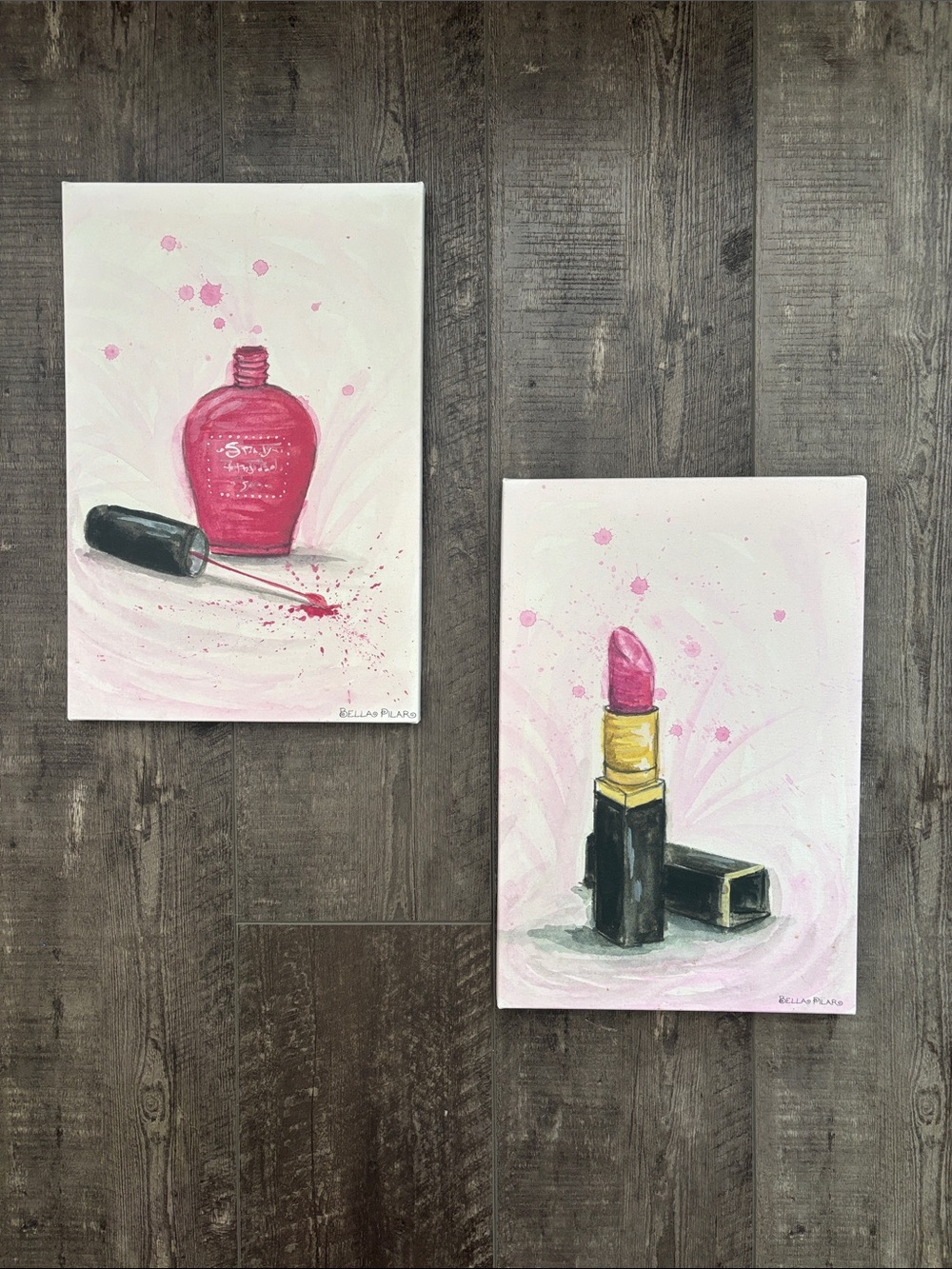 Set Of 2 Pink Lipstick & Nail Polish Canvas Art Home Art By Bella Pilar Matching